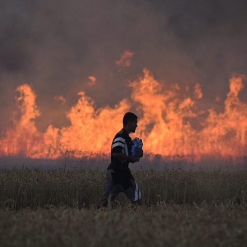 A volunteer bottles of water to extinguish a wildfire near the village of Ponor, near Sofia on July 21, 2025. (Photo by Nikolay DOYCHINOV / AFP)