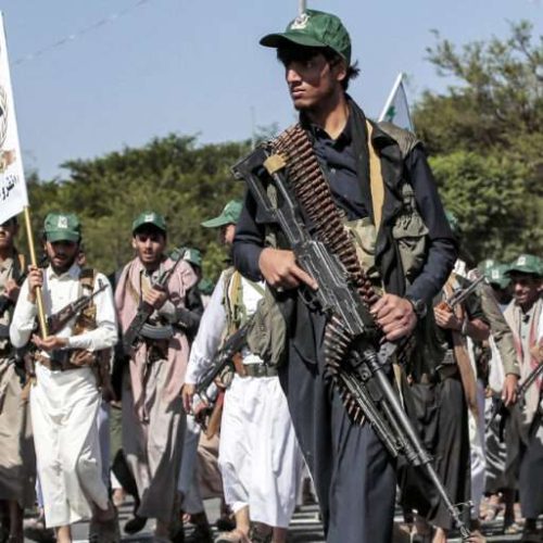 Fighters loyal to Yemen's Huthi group attend a military parade marking the anniversary of the Huthis' 2014 takeover of the capital Sanaa and in solidarity with the Palestinian people, in Sanaa on September 21, 2024. (Photo by Osama ABDULRAHMAN / AFP)