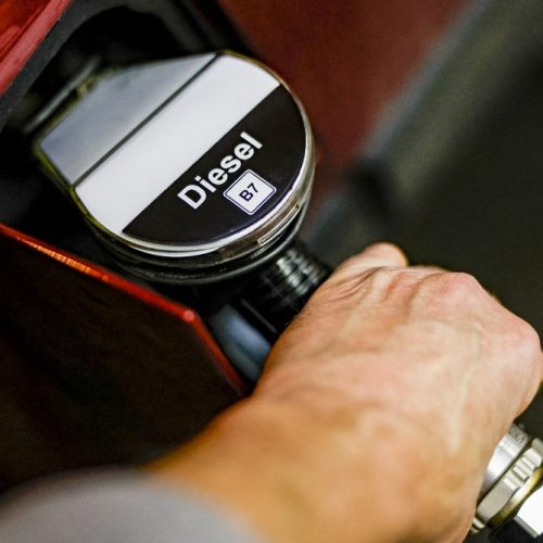31 January 2023, Schleswig-Holstein, Kiel: The pump nozzle at a gas station is labeled "Diesel B7". From February 5, 2023, the European Union will no longer purchase petroleum products such as diesel, gasoline or lubricants from Russia. Photo: Axel Heimken/dpa (Photo by AXEL HEIMKEN / DPA / dpa Picture-Alliance via AFP)