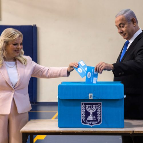 Israeli Prime Minister Benjamin Netanyahu and his wife Sara cast their vote during Israel's parliamentary election at a polling station in Jerusalem September 17, 2019. Heidi Levine/Pool via REUTERS