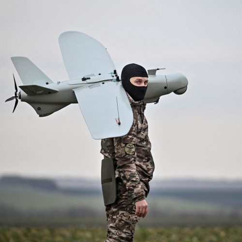 Ukraine - February 15, 2024 - A serviceman of an aerial reconnaissance platoon of the 108th Independent Brigade of the Ukrainian Territorial Defence Forces which defends Ukraine against the Russian aggressor on the Zaporizhzhia axis, gets a Leleka-100 UAV ready for the launch, Ukraine. Photo by Dmytro Smolienko/Ukrinform/ABACAPRESS.COMNo Use Russia.
