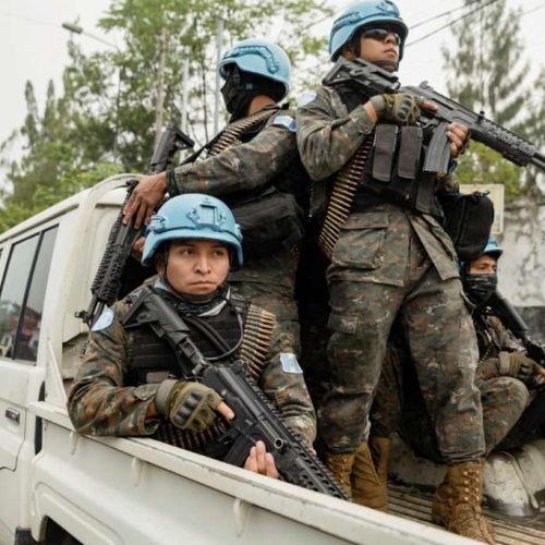 Members of the United Nations Organization Stabilization Mission in the Democratic Republic of the Congo (MONUSCO) ride on a pickup truck as they secure the evacuation of non-essential UN staff, following the fight between M23 rebels and the Armed Forces of the Democratic Republic of the Congo (FARDC), in Goma, North Kivu province, Democratic Republic of Congo, January 25, 2025. REUTERS/Arlette Bashizi