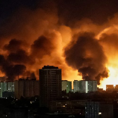 An explosion of a drone lights up the sky over the city during a Russian drone strike, amid Russia's attack on Ukraine, in Kyiv, Ukraine May 24, 2025. REUTERS/Gleb Garanich TPX IMAGES OF THE DAY