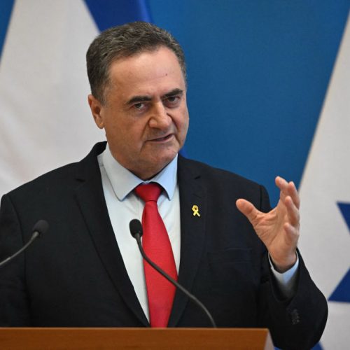 Israel's Foreign Minister Israel Katz gestures as he speaks during a joint press conference with his host Hungary's Foreign Minister at the Foreign Office in Budapest, Hungary, on June 17, 2024. (Photo by Attila KISBENEDEK / AFP) (Photo by ATTILA KISBENEDEK/AFP via Getty Images)