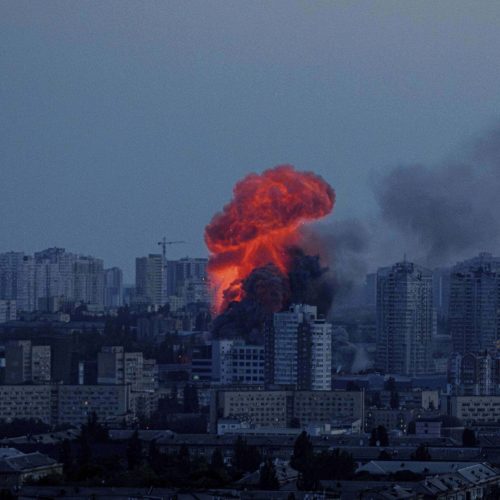 Explosion is seen after Russian air strike on Kyiv, Ukraine, on Friday, June 6, 2025. (AP Photo/Evgeniy Maloletka)