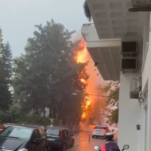 Χαμός στη Νάυπακτο: Κεραυνός έκαψε δέντρο και δρόμοι πλημμύρισαν – Δείτε βίντεο