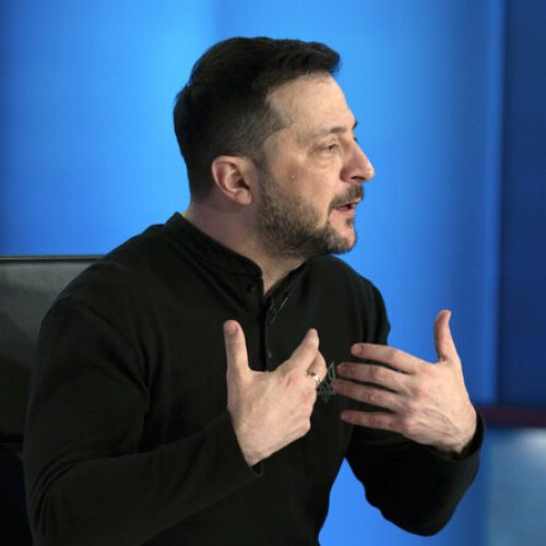 Ukraine's President Volodymyr Zelenskyy speaks during a interview with Bret Baier during a taping of FOX News Channel's Special Report with Bret Baier in Washington, Friday, Feb. 28, 2025. (AP Photo/Jose Luis Magana)