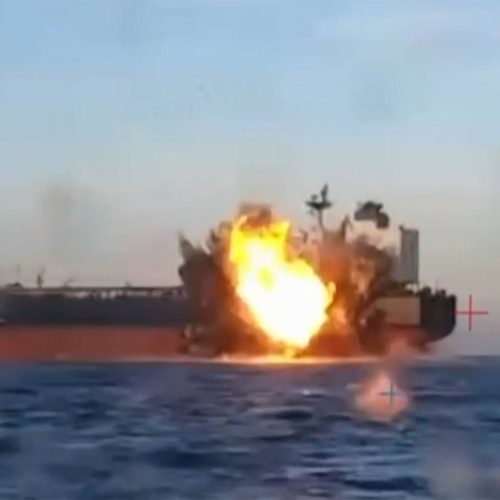 TOPSHOT - This video grab taken from images released by the Security service of Ukraine (SBU) on November 29, 2025, shows smoke rising from a cargo ship on fire in the Black Sea off the Turkish coast, amid the ongoing Russian-Ukrainian conflict. Images put out by the Ukraine Security Service show what they say are sea drone attacks on tankers in the Black Sea that Kyiv believes were transporting sanctioned Russian oil. The two tankers were rocked by explosions in Turkish waters late overnight and early on November 29, 2025, according to Turkeys transport ministry. (Photo by SECURITY SERVICE OF UKRAINE / AFP) / RESTRICTED TO EDITORIAL USE - MANDATORY CREDIT "AFP PHOTO /  - / SECURITY SERVICE OF UKRAINE /  " - NO MARKETING NO ADVERTISING CAMPAIGNS - DISTRIBUTED AS A SERVICE TO CLIENTS