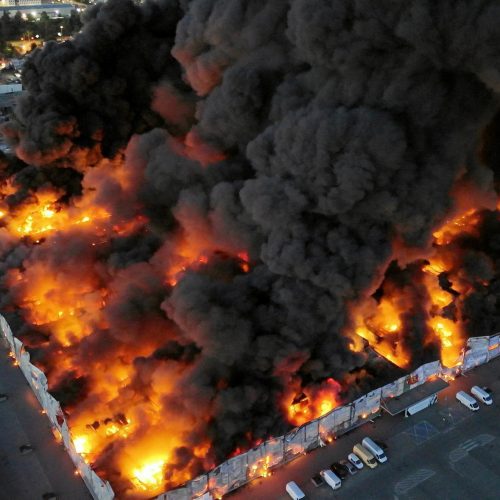Drone view of the Marywilska 44 shopping centre burning during a massive fire in Warsaw, Poland, May 12, 2024. Dariusz Borowicz/Agencja Wyborcza.pl via REUTERS