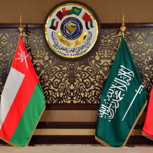 The flags of the countries attending the Gulf Cooperation Council (GCC) summit are displayed at Bayan palace in Kuwait City on December 5, 2017.
The Gulf Cooperation Council, which launches its annual summit today in Kuwait amid its deepest ever internal crisis, comprises six Arab monarchies who sit on a third of the world's oil. A political and economic union, the GCC comprises Saudi Arabia, the United Arab Emirates, Kuwait, Qatar, Oman and Bahrain. Dominated by Riyadh, it is a major regional counterweight to rival Iran.
/ AFP PHOTO / GIUSEPPE CACACE        (Photo credit should read GIUSEPPE CACACE/AFP via Getty Images)