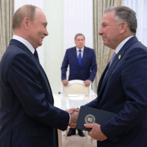 In this pool photograph distributed by the Russian state agency Sputnik, Russia's President Vladimir Putin greets US Special Envoy Steve Witkoff prior to their talks in Moscow on August 6, 2025. (Photo by Gavriil Grigorov / POOL / AFP)