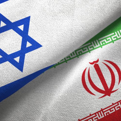 Israel and Iran flags together textile cloth, fabric texture
