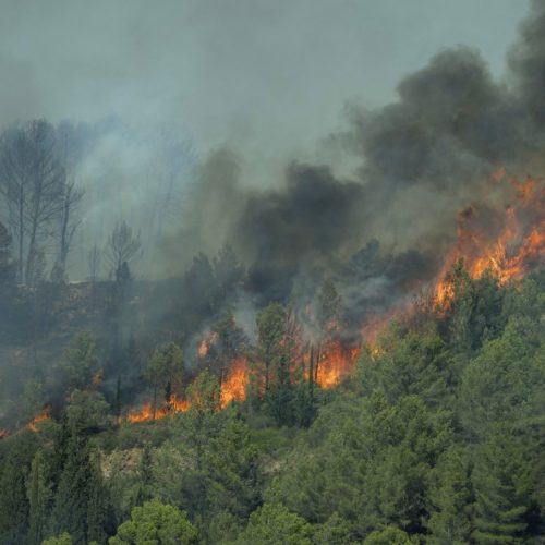 Smoke billows from a forest fire in Lagrasse, southwestern France, on August 5, 2025. A fire that broke out on August 5, 2025 afternoon in Ribaute (Aude) had already spread across 1,000 hectares by early evening, according to the prefecture, prompting the evacuation of at least one campsite and several homes, an AFP journalist reported. (Photo by IDRISS BIGOU-GILLES / AFP)