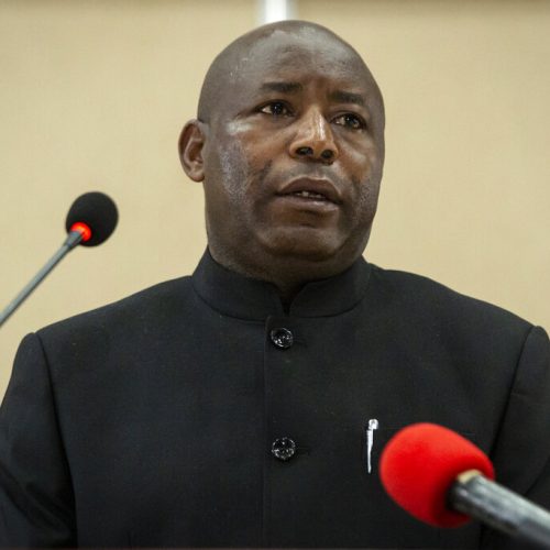 Burundi's president-elect Evariste Ndayishimiye speaks to the media after signing the book of condolences at the presidential palace in Bujumbura, Burundi Saturday, June 13, 2020. Burundi's constitutional court on Friday said president-elect Evariste Ndayishimiye should be sworn in as soon as possible, ending uncertainty created by the death of President Pierre Nkurunziza this week. (AP Photo/Berthier Mugiraneza)