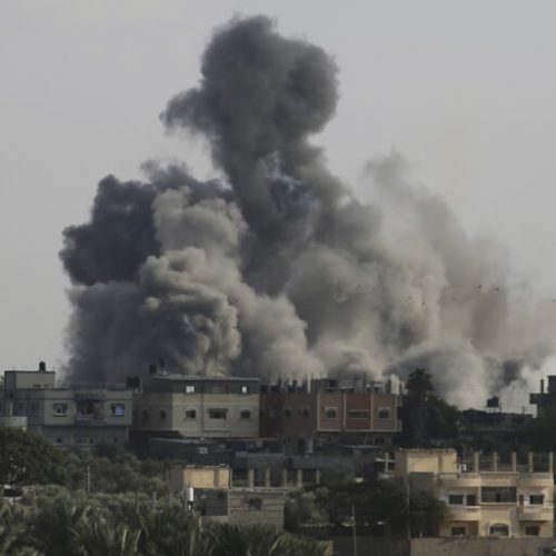 FILE - Smoke rises from an explosion caused by Israeli airstrikes on the border between Egypt and Rafah, Gaza Strip, Tuesday, Oct. 10, 2023. As Israeli warplanes pummel Gaza to avenge the Hamas attack, Palestinians say the military has largely unleashed its fury on civilians. (AP Photo/Hatem Ali, File)