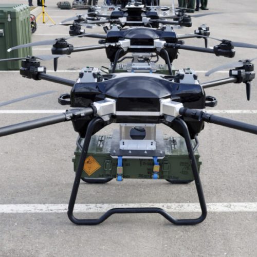 This photo released by the Russian Defense Ministry Press Service Saturday, April 20, 2024, shows unmanned aerial vehicles are on display for Russian Defense Minister Sergei Shoigu visiting the training ground of the Moscow Military District. All presented drones, as well as the payload, are created from domestic composite materials and components, which allows us to move to serial production of these unmanned aerial vehicles in the shortest possible time. (Russian Defense Ministry Press Service via AP)
