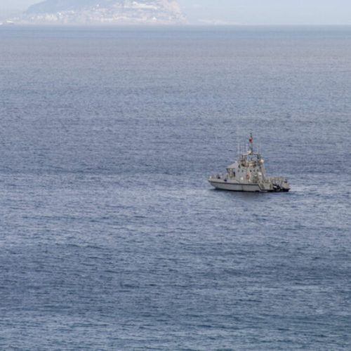A Moroccan navy coast guard patrols near the border with the Spanish enclave of Ceuta, in Fnideq, Morocco, Monday, Sept. 16, 2024. (AP Photo)