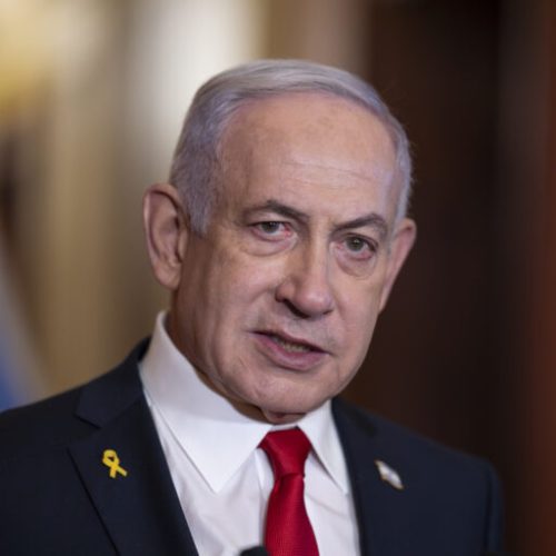 Israeli Prime Minister Benjamin Netanyahu speaks to reporters after meeting with Speaker of the House Mike Johnson, R-La., at the Capitol in Washington, Friday, Feb. 7, 2025. (AP Photo/J. Scott Applewhite)