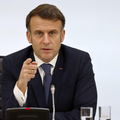 France's President Emmanuel Macron delivers a speech during the International Conference on Syria at the Ministerial Conference Center, in Paris, France, Thursday, Feb. 13, 2025. (Ludovic Marin, Pool Photo via AP)