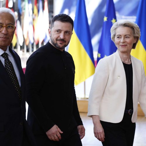 From left, European Council President Antonio Costa, Ukraine's President Volodymyr Zelenskyy and European Commission President Ursula von der Leyen arrive for an EU Summit at the European Council building in Brussels, Thursday, March 6, 2025. (AP Photo/Omar Havana)