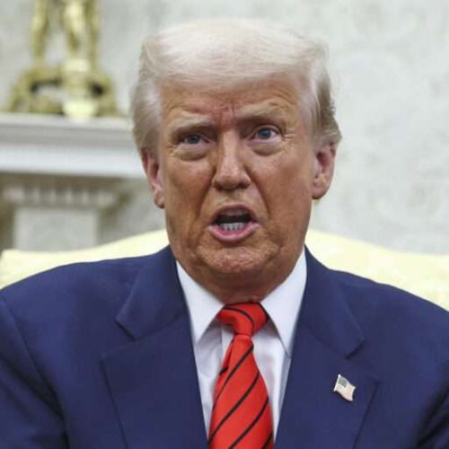 President Donald Trump talks as he meets NATO Secretary General Mark Rutte in the Oval Office at the White House in Washington, Thursday, March 13, 2025. (Pool via AP)