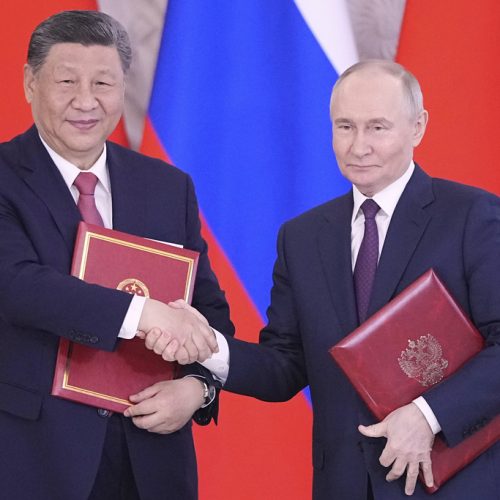 Russian President Vladimir Putin, right, and Chinese President Xi Jinpin attend a signing ceremony after their meeting at the Kremlin in Moscow, Russia, Thursday, May 8, 2025, ahead of celebrations of the 80th anniversary of the Soviet Union's victory over Nazi Germany during the World War II. (AP Photo/Pavel Bednyakov)
