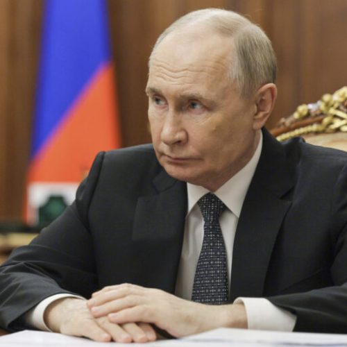 Russian President Vladimir Putin listens to Rostec State Corporation CEO Sergei Chemezov during their meeting at the Kremlin in Moscow, Russia, Tuesday, June 17, 2025. (Gavriil Grigorov, Sputnik, Kremlin Pool Photo via AP)
