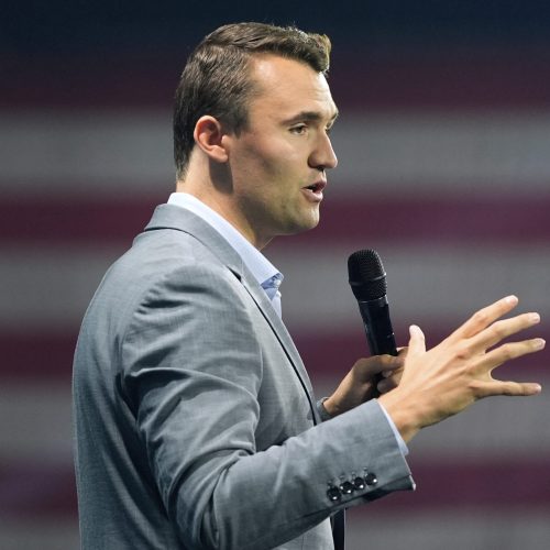 FILE - Turning Point USA Founder Charlie Kirk speaks before Republican presidential candidate former President Donald Trump arrives at the Turning Point Believers' Summit, July 26, 2024, in West Palm Beach, Fla. (AP Photo/Alex Brandon, File)