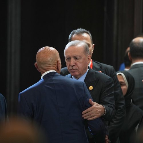 Turkey's President Recep Tayyip Erdogan is greeted as he arrives for a meeting during a summit to support ending the more than two-year Israel-Hamas war in Gaza after a breakthrough ceasefire deal, Monday, Oct. 13, 2025, in Sharm El Sheikh, Egypt.(AP Photo/Amr Nabil)