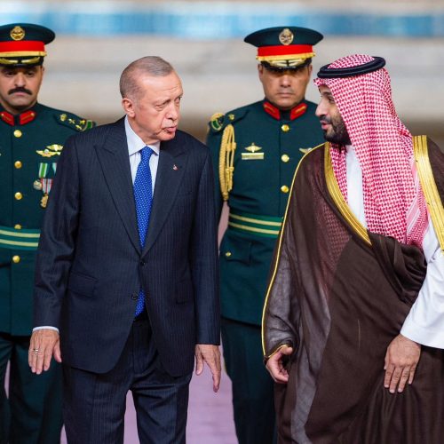 Saudi Arabia's Crown Prince Mohammed bin Salman meets Turkish President Tayyip Erdogan in Jeddah, Saudi Arabia, July 17, 2023. Saudi Press Agency/Handout via REUTERS