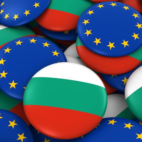 Bulgaria and Europe Badges Background - Pile of Bulgarian and European Flag Buttons 3D Illustration