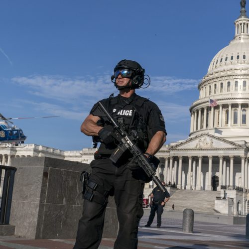 U.S. Capitol Police carry out a casualty training exercise at the Capitol in Washington, Monday, June 7, 2021, using the plaza as a landing zone for medical evacuation helicopters. (AP Photo/J. Scott Applewhite)