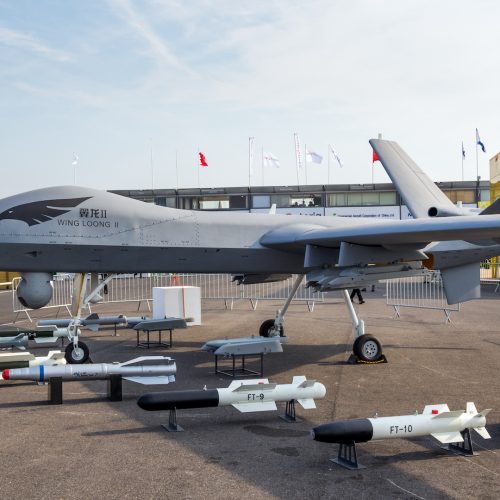 PARIS, FRANCE - JUN 22, 2017: Chinese Chengdu Aircraft Industry Group (CAIG) Wing Loong II  military UAV drone showcased at the Paris Air Show 2017.