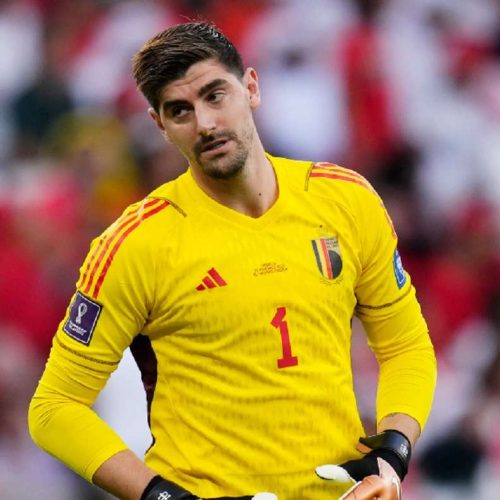 Belgium's goalkeeper Thibaut Courtois looks on during the World Cup group F soccer match between Belgium and Morocco, at the Al Thumama Stadium in Doha, Qatar, Sunday, Nov. 27, 2022. (AP Photo/Manu Fernandez)