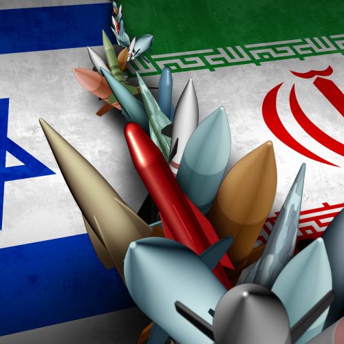 Iran Israel Military Crisis and armed confrontation or Israeli Iranian proxy war conflict with two opposing governments in a dispute as a persian gulf and armed middle east.