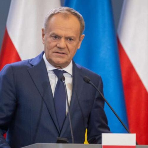 Polish Prime Minister Donald Tusk attends a joint press conference with his Ukrainian counterpart after bilateral talks to resolve a conflict over farm imports in Warsaw on March 28, 2024. Polish farmers have been blocking border crossings with Ukraine since last month to protest at what they say is unfair competition from goods from the war-torn country. (Photo by Wojtek Radwanski / AFP)
