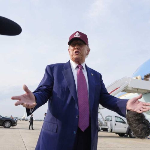 President Donald Trump speaks to reporters after arriving on Air Force One, Tuesday, June 10, 2025, at Joint Base Andrews, Md. (AP Photo/Alex Brandon)