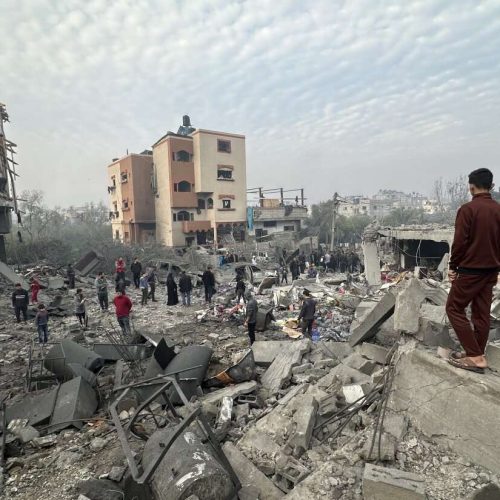 GAZA CITY, GAZA - JANUARY 16: A view of damage at the residential building of Palestinian Aloush family following a fresh Israeli airstrike on Jabalia after Israel and Gaza reached a ceasefire deal, in the north of Gaza City, Gaza on January 16, 2025. (Photo by Hasan N. H. Alzaanin/Anadolu via Getty Images)