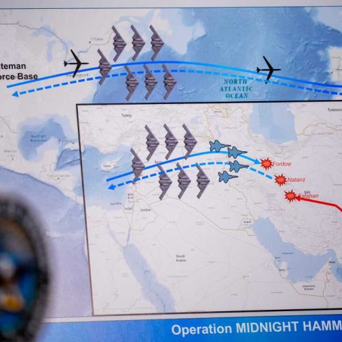 ARLINGTON, VIRGINIA - JUNE 22: An operational timeline of a strike on Iran is displayed during a news conference with Chairman of the Joint Chiefs of Staff Air Force Gen. Dan Caine and U.S. Defense Secretary Pete Hegseth at the Pentagon on June 22, 2025 in Arlington, Virginia. U.S. President Donald Trump gave an address to the nation last night after three Iranian nuclear facilities were struck by the U.S. military. (Photo by Andrew Harnik/Getty Images)