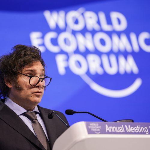 17 January 2024, Switzerland, Davos: Javier Milei, President of Argentina, speaks at an event of the World Economic Forum (WEF). The annual meeting of the World Economic Forum is regarded as one of the most important meeting places for top politicians, top managers and scientists. Debates and confidential meetings focus on solutions to global challenges. Photo: Hannes P. Albert/dpa (Newscom TagID: dpaphotossix932297.jpg) [Photo via Newscom]