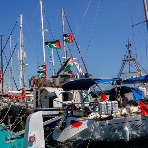 Sailboats from the Global Sumud Flotilla humanitarian expedition prepare to set sail for Gaza at the port of Barcelona, Spain, August 30, 2025. REUTERS/Eva Manez