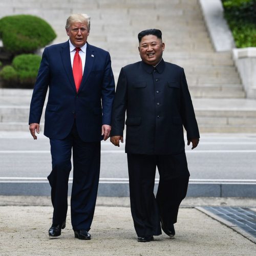 North Korean leader Kim Jong Un walks with President Trump north of the military demarcation line that divides North and South Korea, in the Joint Security Area of Panmunjom in the Demilitarized Zone, on Sunday.