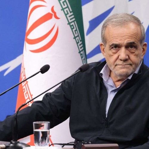 Iran's President Masoud Pezeshkian holds a press conference in Tehran on September 16, 2024. (Photo by ATTA KENARE / AFP)