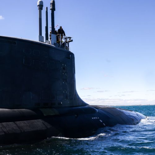AT SEA, AUSTRALIA - MARCH 16: The USS Minnesota (SSN-783) Virginia-class fast attack submarine sails in the waters off the West Australian coast on March 16, 2025 in at sea, West Australian coast. The submarine was on a port visit. (Photo by Colin Murty-Pool/Getty Images)