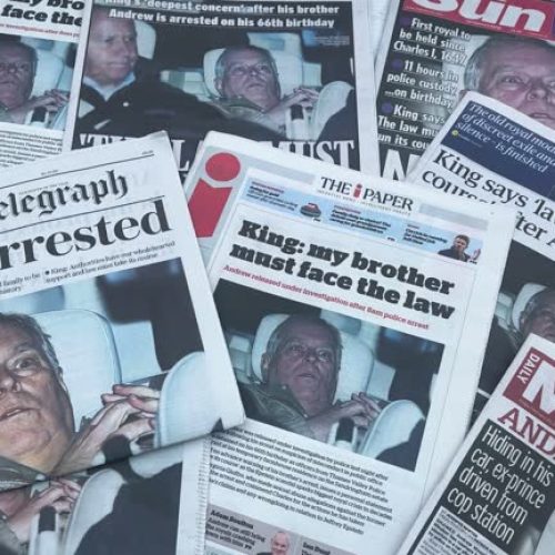 LONDON, ENGLAND - FEBRUARY 20: In this footage illustration, multiple British newspapers with an image and joining story of Andrew Mountbatten-Windsor are seen on February 20, 2026 in London, England. Andrew Mountbatten-Windsor was arrested on his 66th birthday, 19 February 2026, on suspicion of misconduct in public office following revelations contained in the Epstein files. The former duke has denied any wrong doing in relation to his association with Jeffrey Epstein. (Footage Illustration by Gareth Cattermole/Getty Images)