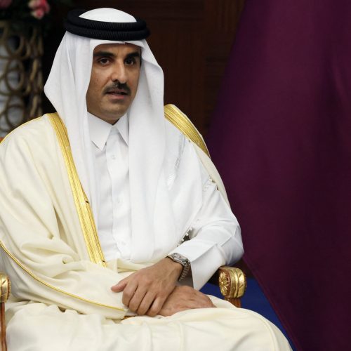 Qatar's Emir, Sheikh Tamim bin Hamad al-Thani attends a meeting with Russia's President Vladimir Putin on the sidelines of the 6th summit of the Conference on Interaction and Confidence-building Measures in Asia (CICA), in Astana, Kazakhstan October 13, 2022.   Sputnik/Vyacheslav Prokofyev/Pool via REUTERS