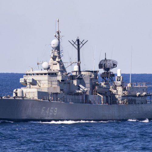 210219-N-BM428-0005 MEDITERRANEAN SEA (Feb. 19, 2021) The Hellenic Navy Elli-class frigate HS Adrias (F 459) participates in a War at Sea exercise with the Arleigh Burke-class guided-missile destroyer USS Porter (DDG 78) in the Mediterranean Sea, Feb. 19, 2021. Porter, forward deployed to Rota, Spain, is on its ninth patrol in the U.S. Sixth Fleet area of operations in support of U.S. national interests and security in Europe and Africa. (U.S. Navy photo by Mass Communication Specialist 2nd Class Damon Grosvenor)