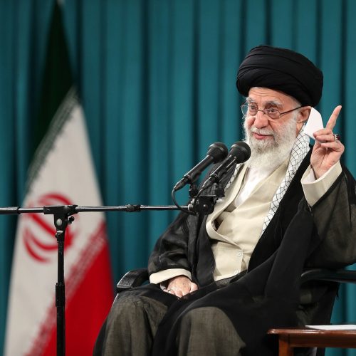 In this picture released by the official website of the office of the Iranian supreme leader, Supreme Leader Ayatollah Ali Khamenei speaks in a meeting with a group of students in Tehran, Iran, Wednesday, Oct. 19, 2022. (Office of the Iranian Supreme Leader via AP)