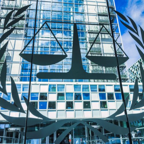 The Hague, Netherlands - april 19 2016: the logo of the ICC international criminal court at the entrance infront of the building itself.