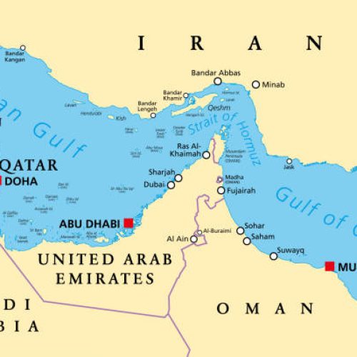 Strait of Hormuz, political map. Waterway between Persian Gulf and Gulf of Oman, a strategically extremely important choke point, with Iran to the north and UAE and Oman exclave Musandam to the south.